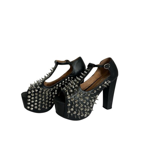 JEFFREY CAMPBELL Foxy Spike Black Platform Strappy Studded Heels - US Womens 8M - Picture 1 of 8